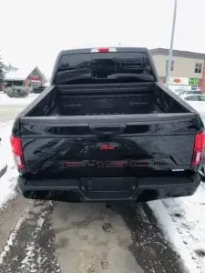 Rear view of black Ford F-150 pickup truck bed with tailgate down, parked outdoors in winter